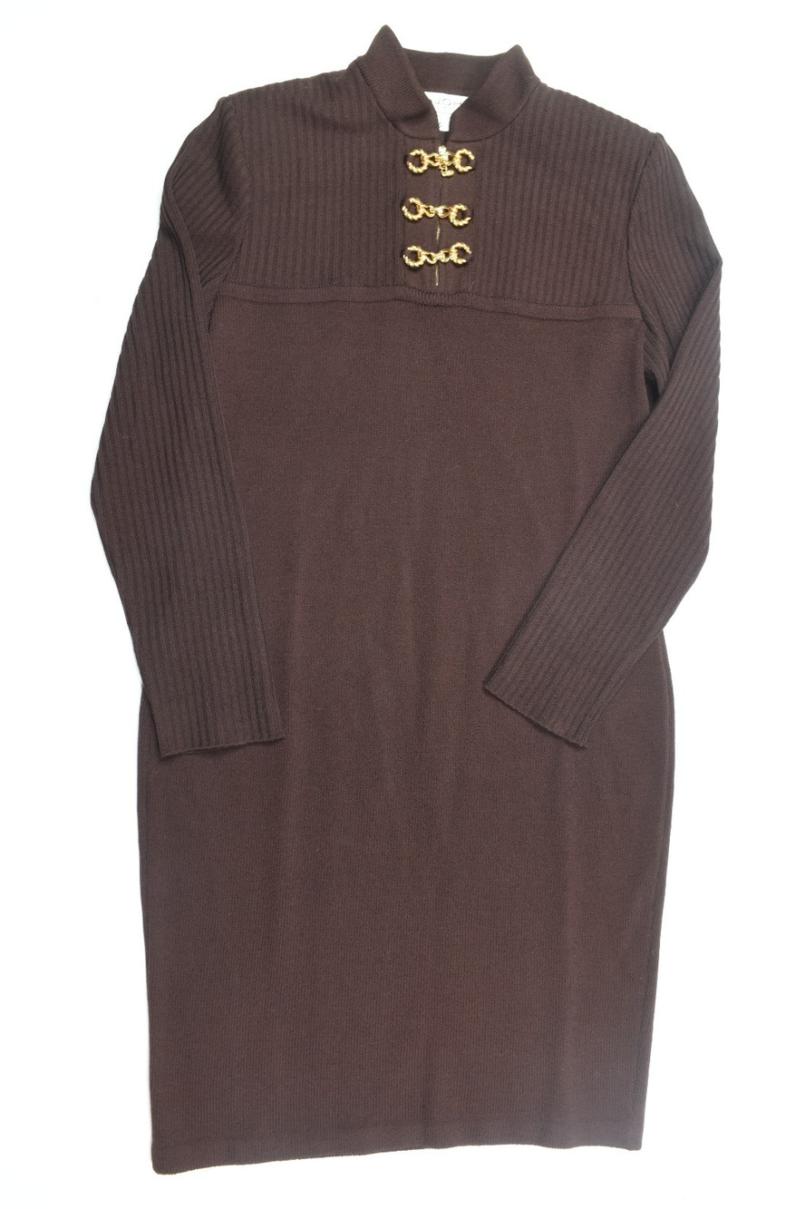 Vintage St John Collection Dress Womens 10 Brown Knit Gold Chain Mock Neck